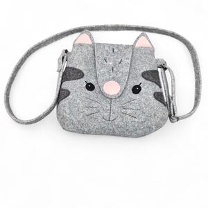 Cute Handmade Gray Felt Kitty Cat Shoulder Bag Adjustable Strap Magnetic Closure